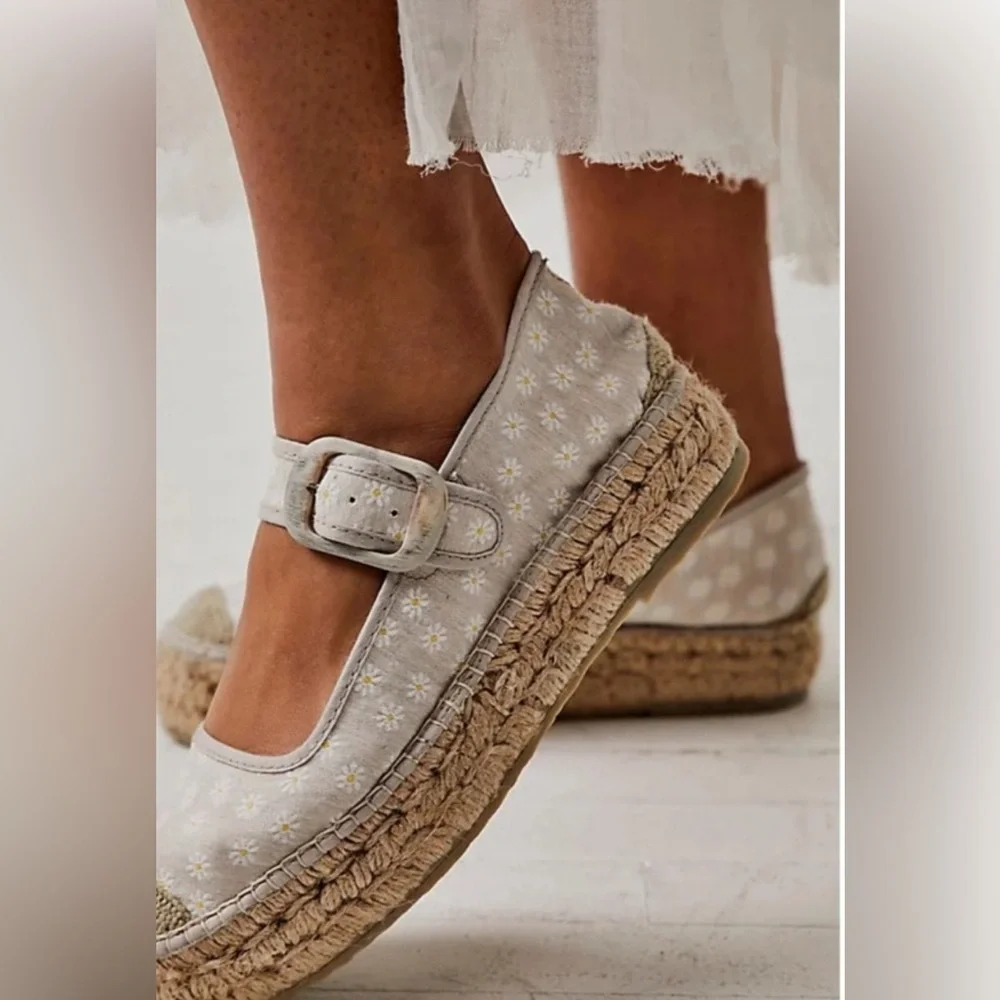 Free People Cream Espadrille Mary Janes with White Floral Embroidery
